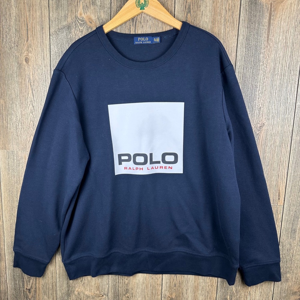 Polo Ralph Lauren Graphic Box Logo Crewneck Sweatshirt Pullover Men XL Navy Blue